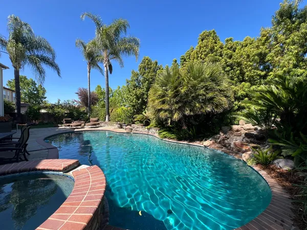 a view of a swimming pool with a yard
