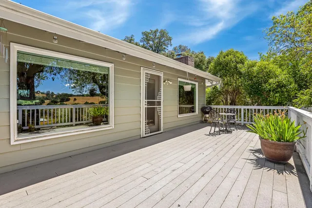 a backyard of a house with large trees and plants