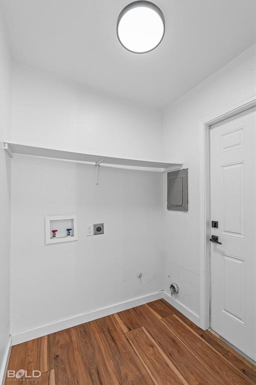 3407 Hickory Ridge Road Shreveport, LA 71108 - Photo 28 of 35 Washroom featuring wood finished floors, washer hookup, hookup for an electric dryer, and electric panel
