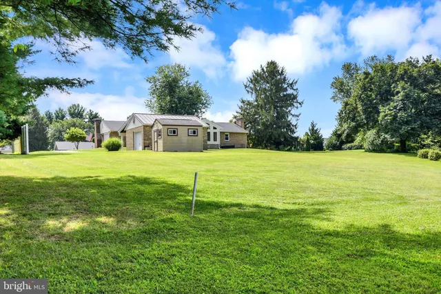 a backyard of a house with plants and large trees