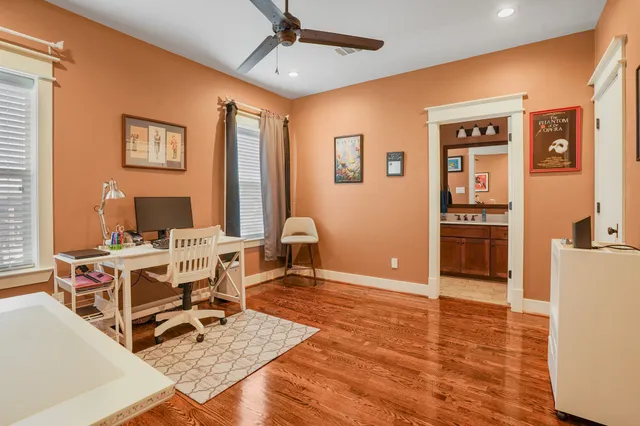 a workspace with furniture and window