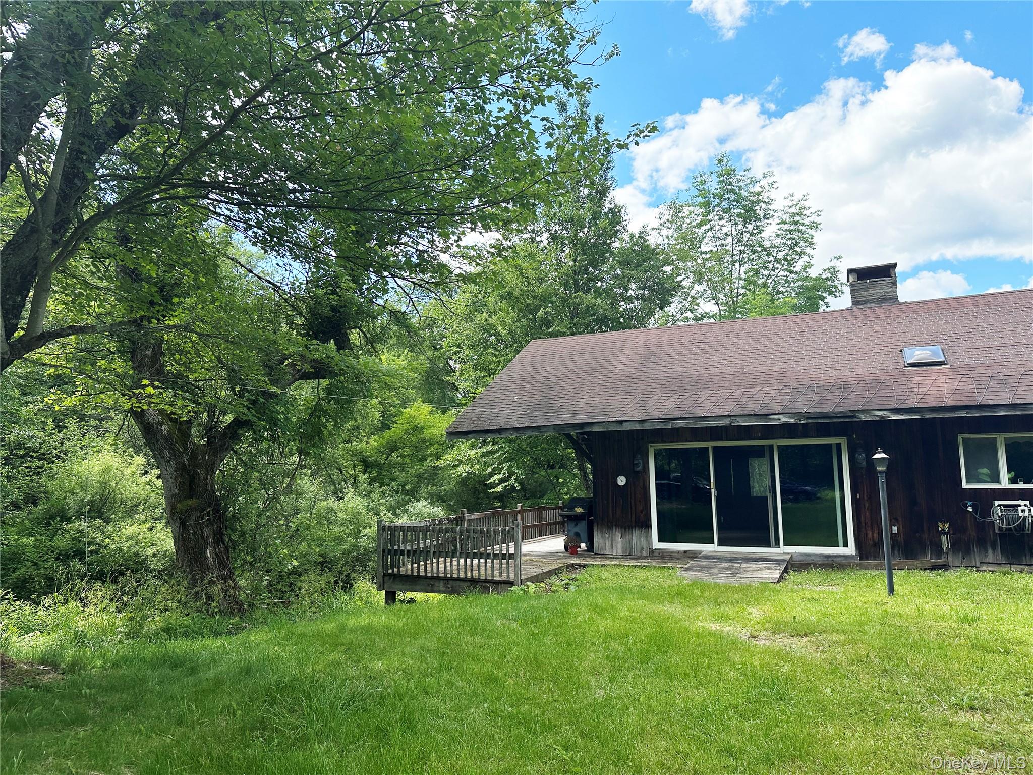 818 Methol Road Roscoe, NY 12776 - Photo 4 of 39 Front exterior of the home with deck overlooking Trout Brook, surrounded by mature trees and tranquil waterfront scenery.