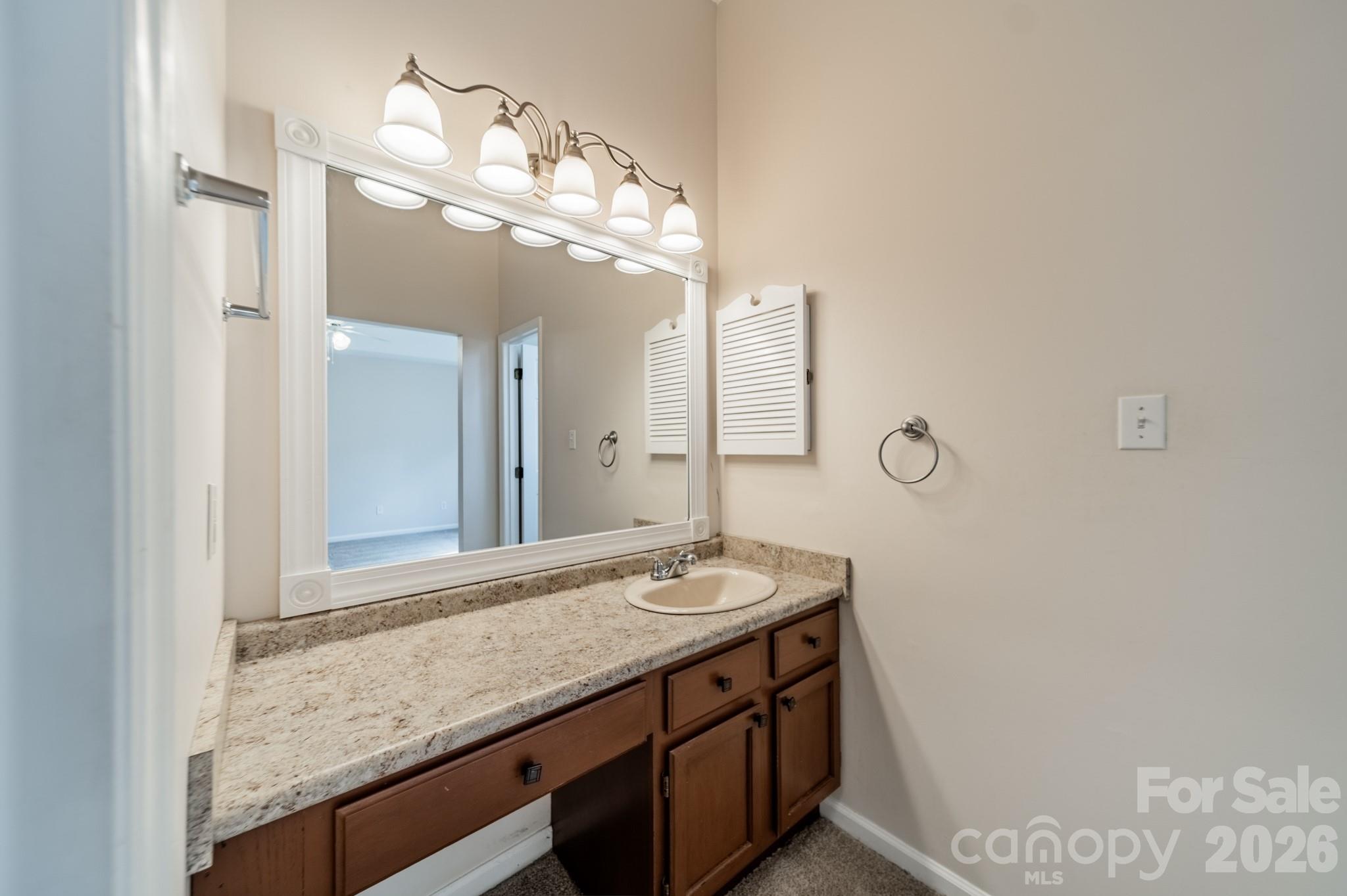 9409 Cedar River Road Huntersville, NC 28078 - Photo 29 of 31 a bathroom with a granite countertop sink a large mirror and cabinets
