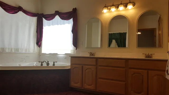 a bathroom with a double vanity sink and a mirror