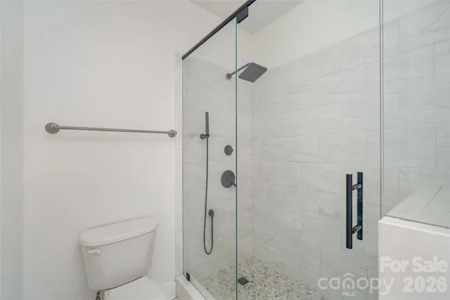 a bathroom with a shower and toilet