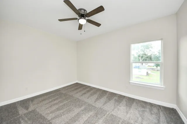 a view of a backyard with large trees