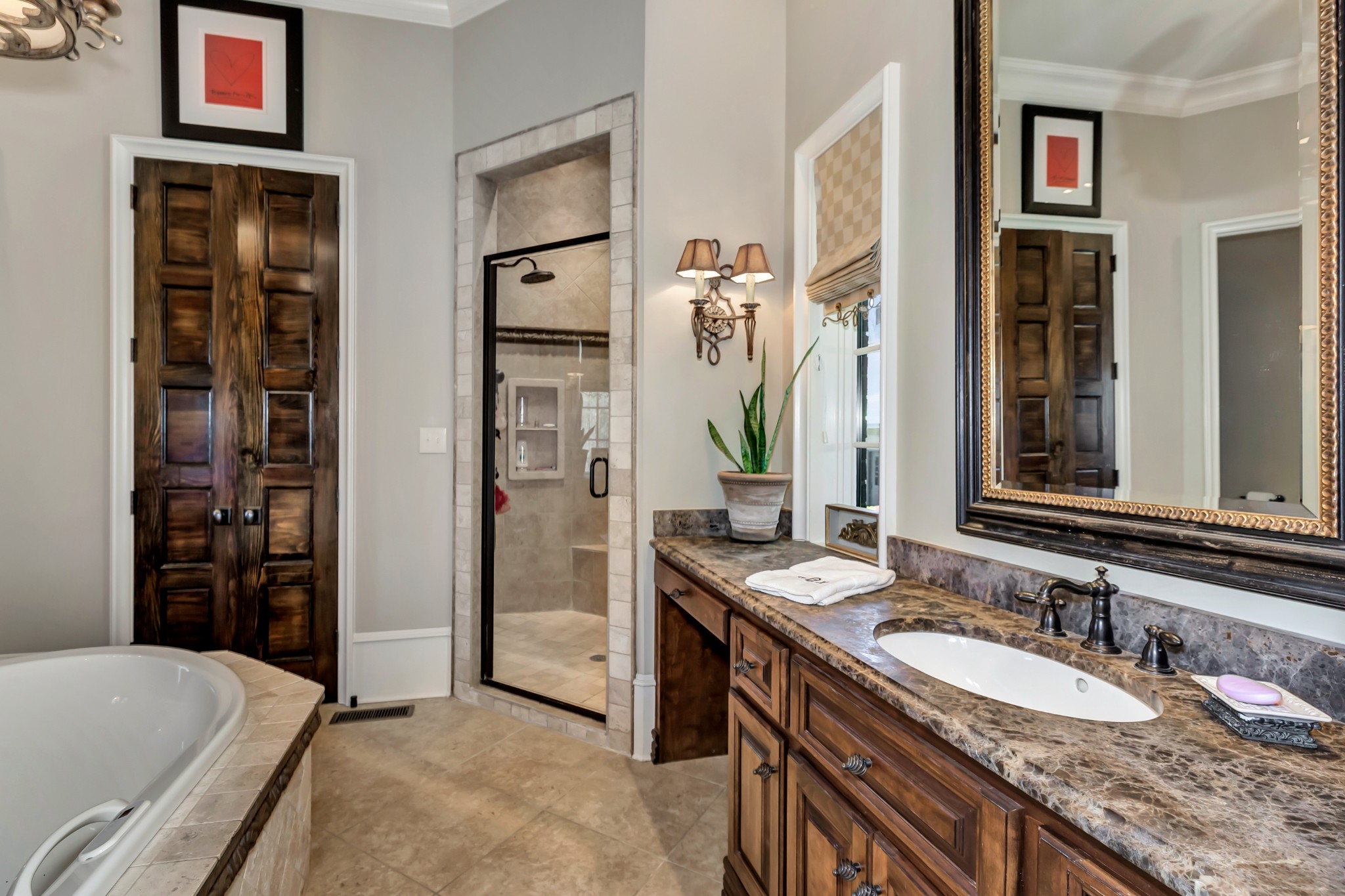 7195 Barker Road Athens, AL 35614 - Photo 38 of 49 a bathroom with a granite countertop double vanity sink and a mirror