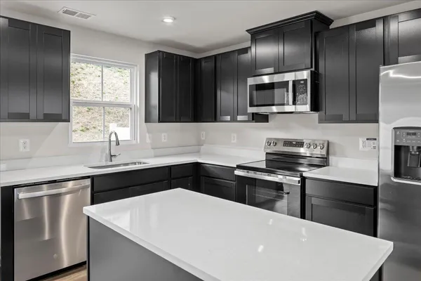 a kitchen with a sink cabinets and stainless steel appliances