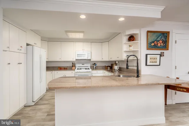 a kitchen with stainless steel appliances granite countertop a refrigerator a sink and white cabinets