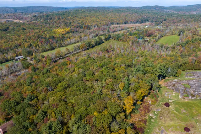 an aerial view of residential houses with outdoor space and trees