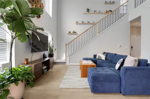 a living room with furniture and a potted plant