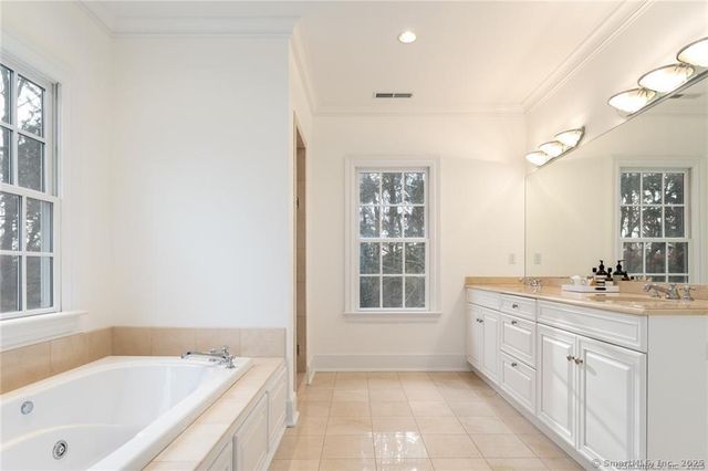 a bathroom with a tub sink double vanity and windows
