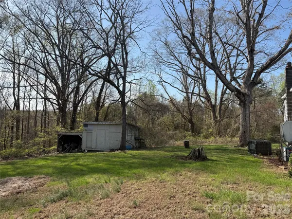 a view of a backyard with large trees