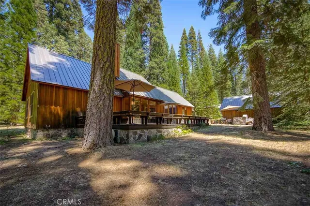a view of a house with a yard and large tree