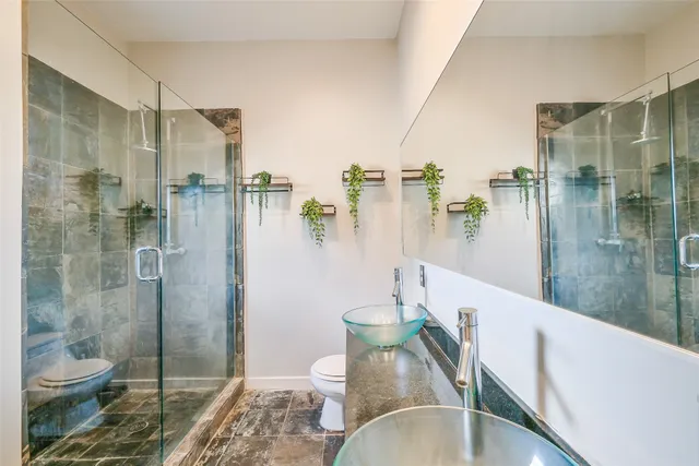 a bathroom with a shower and toilet