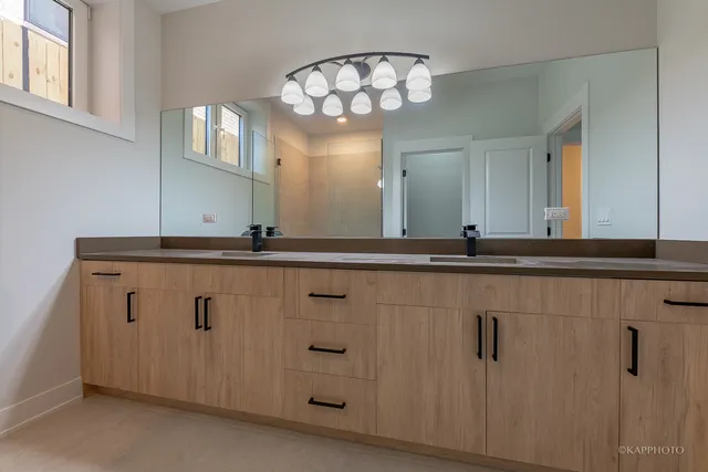 a bathroom with a sink a mirror and a shower