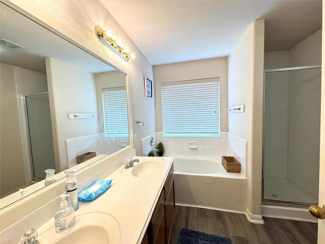 a bathroom with a tub sink and mirror