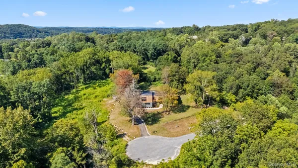 an aerial view of residential houses with outdoor space and trees all around