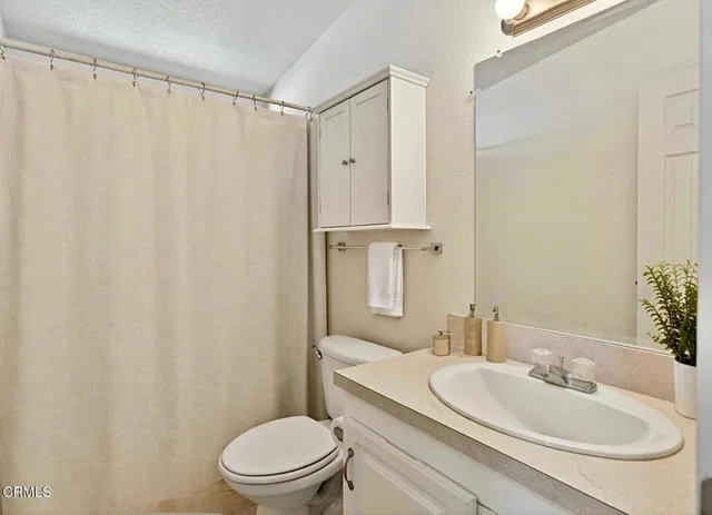 a bathroom with a sink a toilet and shower curtain