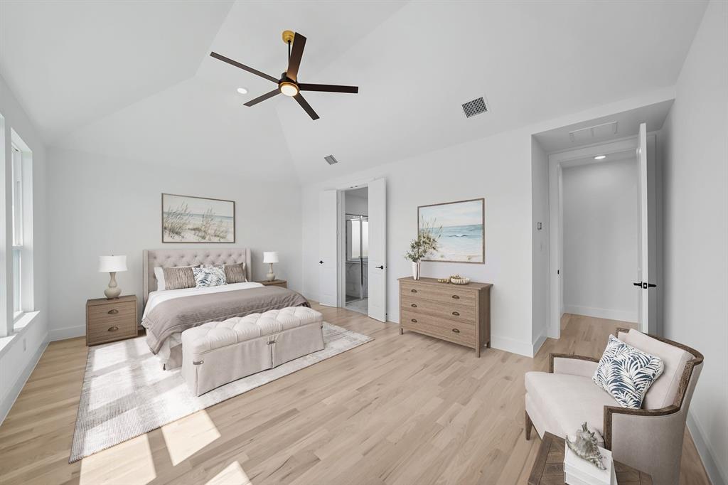 587 Mayfair Lane Frisco, TX 75033 - Photo 34 of 36 Bedroom with light wood-style flooring, a ceiling fan, high vaulted ceiling, recessed lighting, and ensuite bathroom