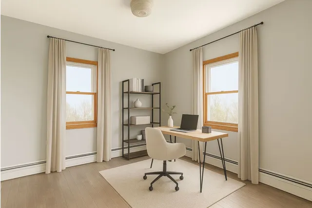 a view of a room with furniture and windows