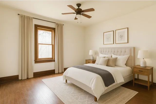 a bedroom with a bed and a window