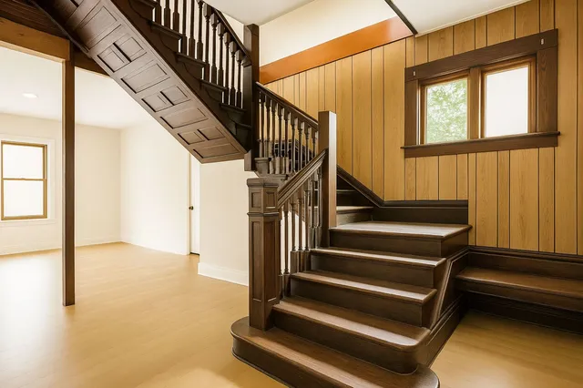 a view of a livingroom with wooden floor and ceiling fan