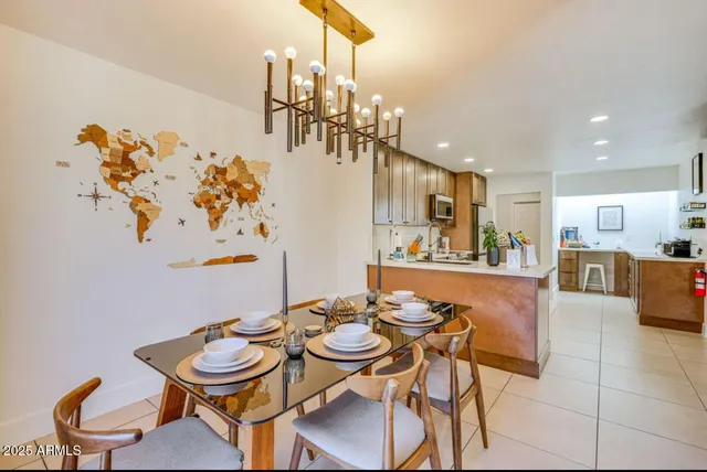 a view of a dining room with furniture