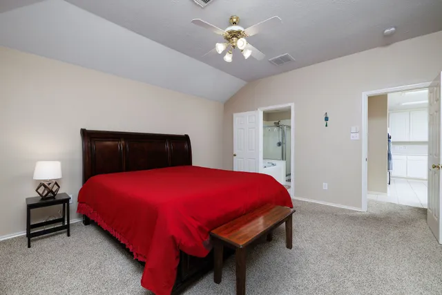 a bedroom with a bed and a closet