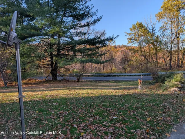 a view of a yard with large trees