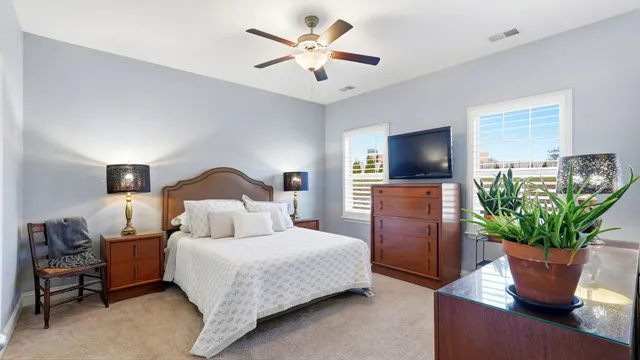 a bedroom with a bed potted plant on dresser and a chandelier