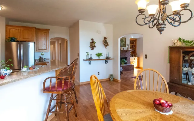 a view of a dining room with furniture