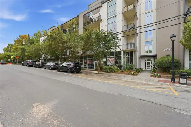 front view of a building with a street