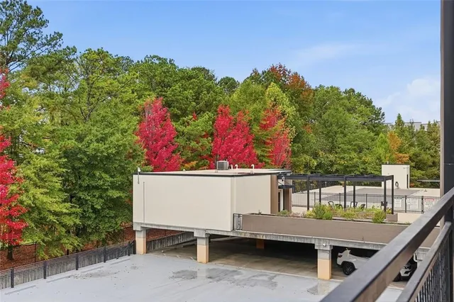 a swimming pool with tall buildings