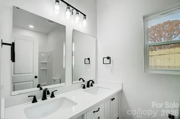 a bathroom with a sink a shower and a mirror
