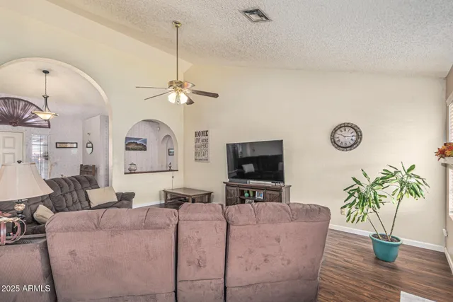 a living room with furniture a flat screen tv and a potted plant