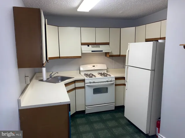 a kitchen with a refrigerator sink and cabinets