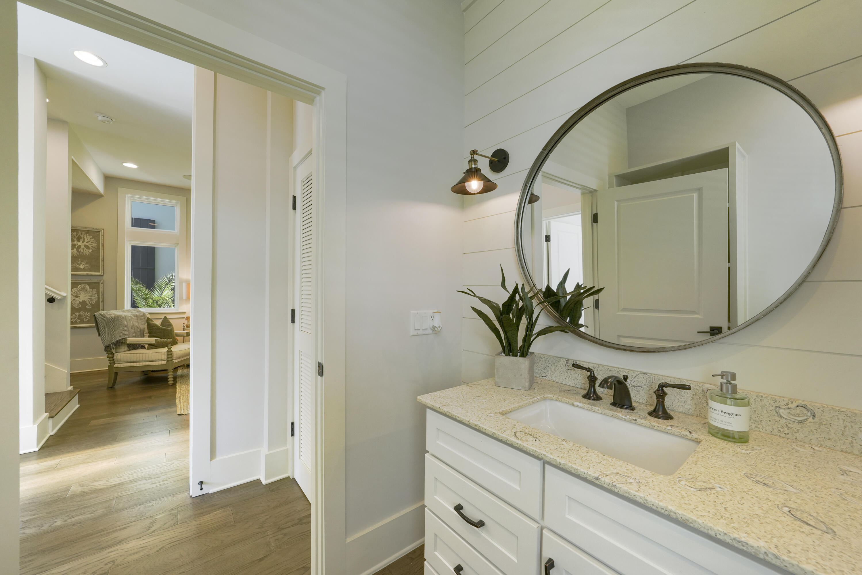 18 Bourne Lane Inlet Beach, FL 32461 - Photo 27 of 81 a bathroom with a granite countertop sink a mirror and shower