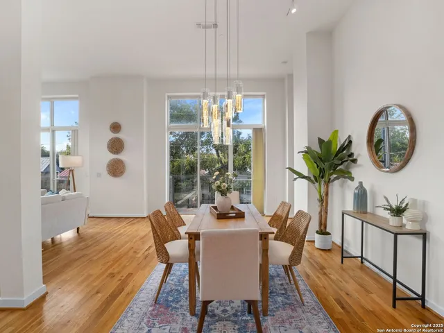 a dining room with furniture a potted plant and a rug