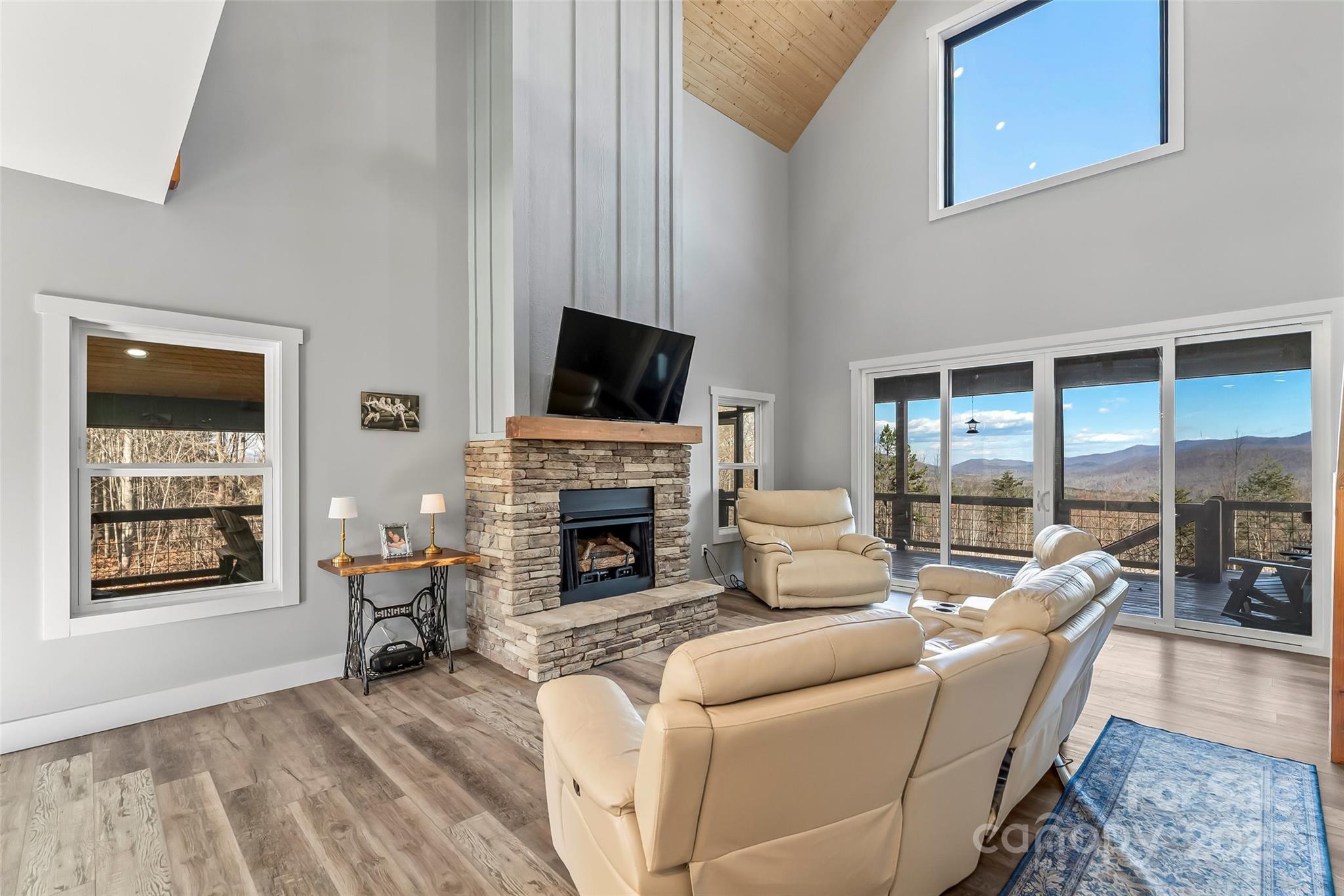 53 Cres Ridge Lane Nebo, NC 28761 - Photo 17 of 48 a living room with furniture a fireplace and a flat screen tv