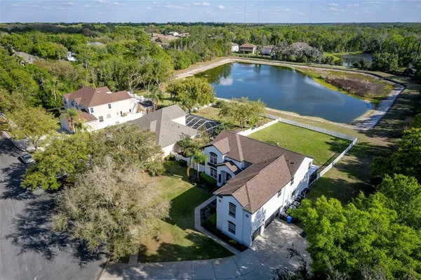 an aerial view of residential houses with outdoor space and trees