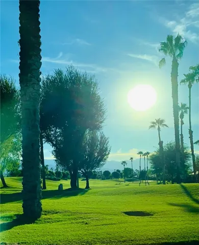 a view of a golf course with a garden