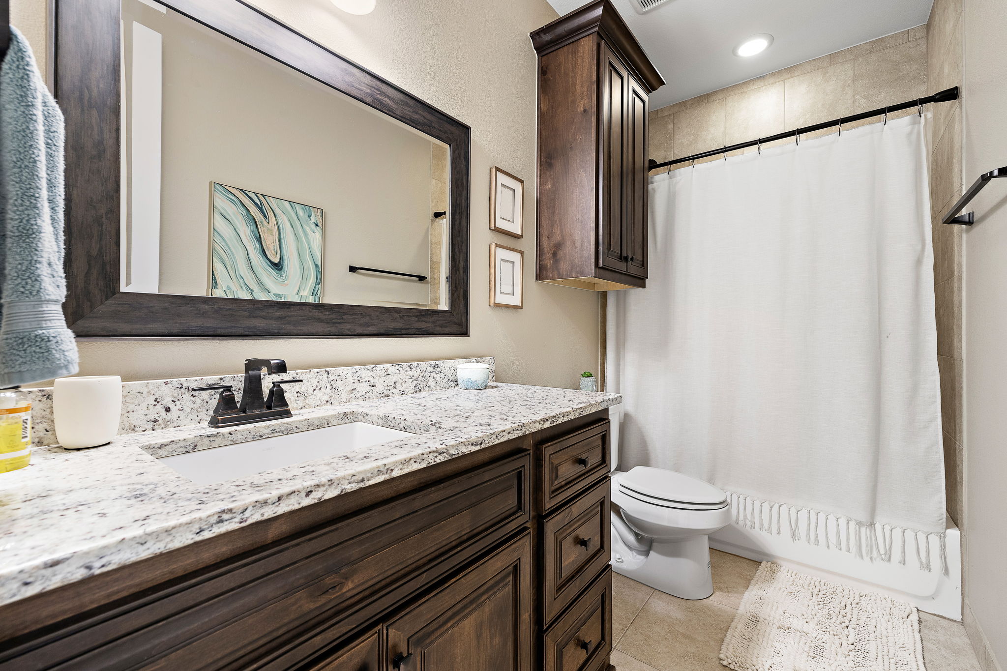 117 Covington Cove Georgetown, TX 78628 - Photo 26 of 40 Full bath with vanity, shower / bath combo with shower curtain, tile patterned floors, and recessed lighting