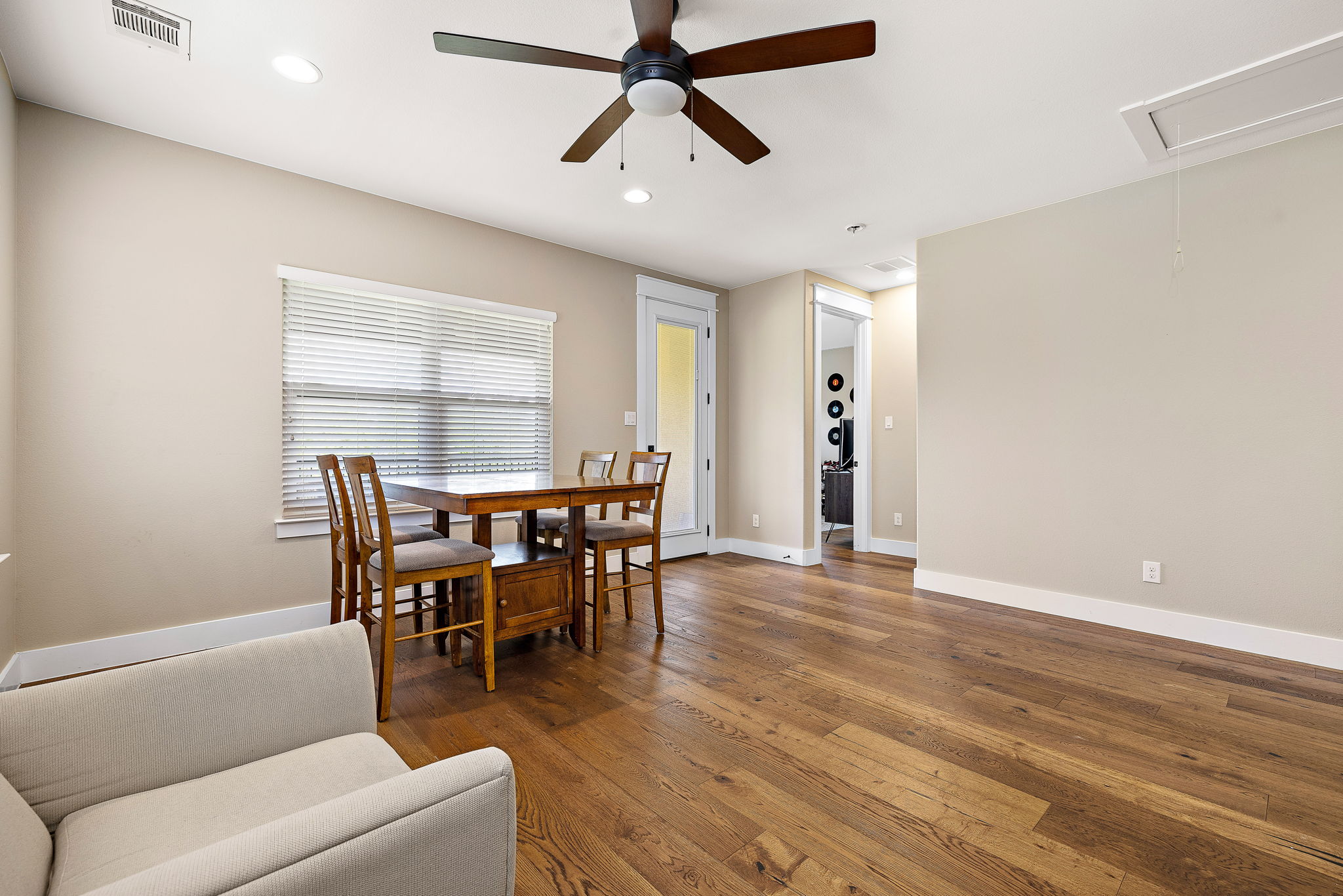 117 Covington Cove Georgetown, TX 78628 - Photo 29 of 40 Dining room featuring attic access, hardwood / wood-style flooring, ceiling fan, and recessed lighting