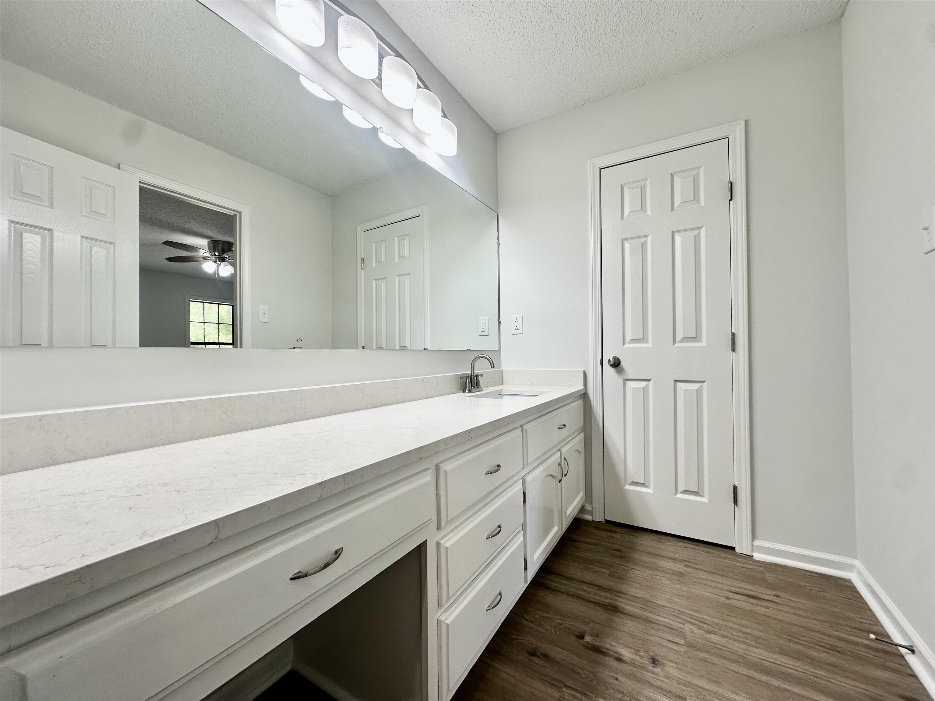 249 Mignon Road Atoka, TN 38004 - Photo 23 of 28 Bathroom with a textured ceiling, vanity, dark wood-type flooring, and ceiling fan