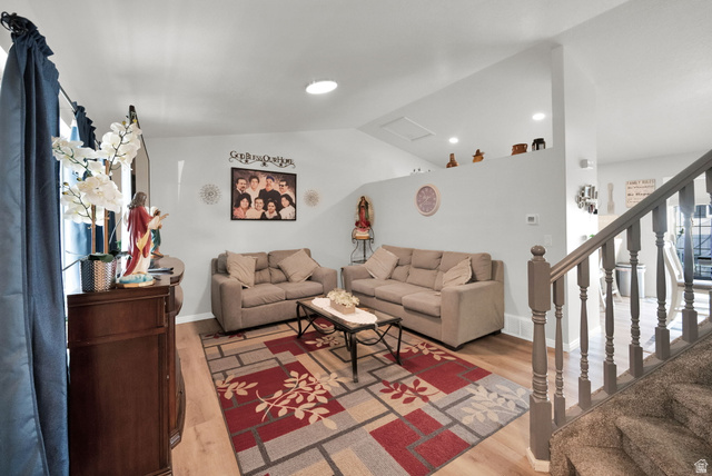 1284 North 900 West Clinton, UT 84015 - Photo 7 of 22 Living area featuring light wood-style flooring, vaulted ceiling, and recessed lighting