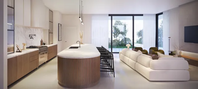 a living room with kitchen island furniture and a large window