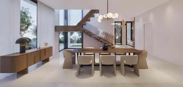 a dining room with wooden floor a chandelier a wooden table and chairs