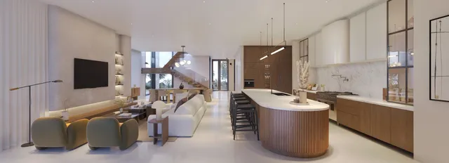 a room with a table chairs and a kitchen view