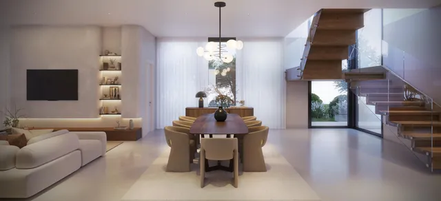 a dining room with furniture and window